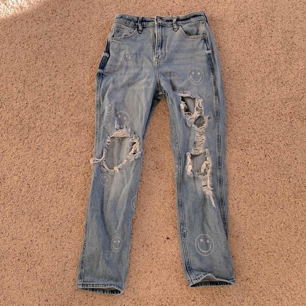 Hollister Ultra high-rise mom jeans w/ smiley faces